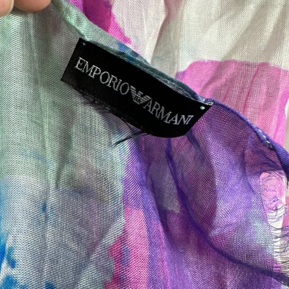 Emporio Armani vintage Floral Watercolor Scarf‎ Purple Blue White Logo Print